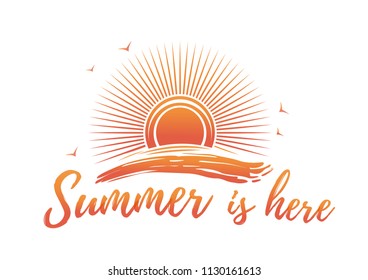 Summer logo design. Sun is above the sea wave and lettering. Summer is here. Vector illustration isolated on white background
