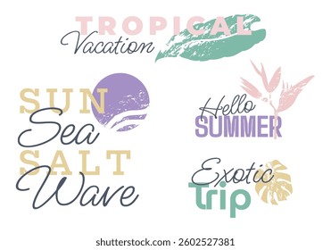 Summer logo design template set. Clip art in modern art style. Concept of tropical and nature labels. Minimalist trendy illustration of palm leaves tree and sun, exotic elements.
