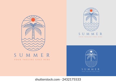 Summer logo design in trendy linear style with palm tree and shining sun vintage design 