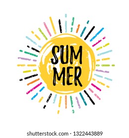 Summer logo with doodle hand drawn sun background. Cute trendy sign with sunny rainbow rays for t-shirt print, sticker, poster design. Vector illustration isolated on white background.