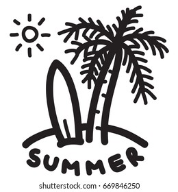 summer logo in doodle style. coconut tree and surfing board in beach vector