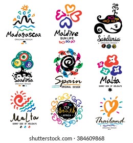 Summer logo. Down South the emblem of the brand. South island Logo. The equator logo. Tourist marks made with ink. Logo of tourism is handmade. Outdoor sign. Vacation, holiday set design element.