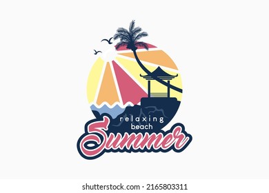 Summer logo with gazebo and coconut tree silhouette concept in colorful ocean and sun illustration