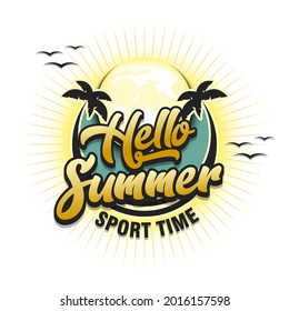 Summer logo. Hello summer. Sport time. Pattern for design poster, logo, emblem, label, banner, icon. Template on isolated background. Vector illustration