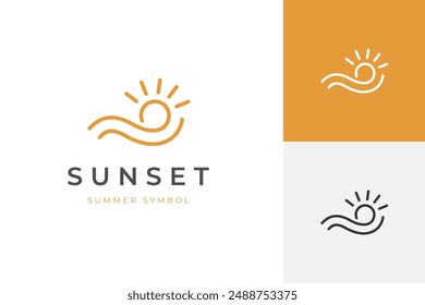 summer logo icon design with a sun with rays and a wave graphic line art modern logo