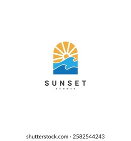 summer logo icon design with sun with line art graphic wave modern logo