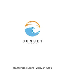 summer logo icon design with sun with line art graphic wave modern logo