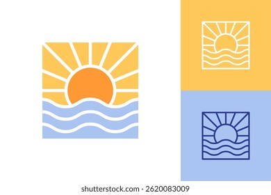 summer logo icon design with a sun with rays and a wave graphic line art modern logo