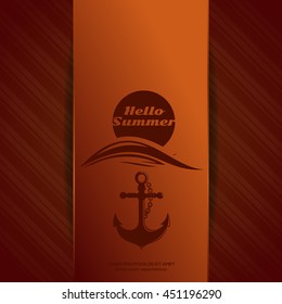 Summer logo icon with sun, waves, ship anchor and inscription - Hello Summer.  Sun rising over the sea. Vector illustration