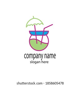 summer logo illustration of young coconut drink with color outline vector design