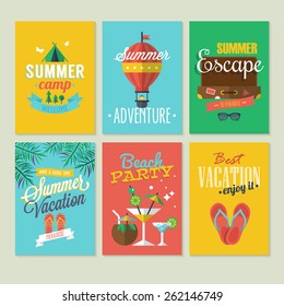 Summer logo and labels design with flat modern icons. Set of summer vacation posters