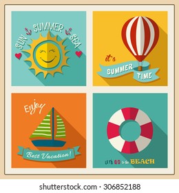 Summer logo and labels design with flat modern icons. Set of summer vacation posters