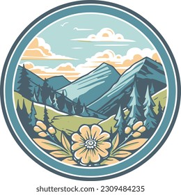 Sommerlogo der Berge mit Blumen und Wäldern