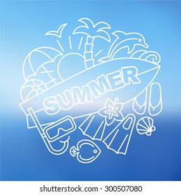 Summer logo on the blurred background.. Linear style. Vector illustration.