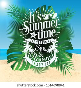 Summer logo on palm leaves and beach background