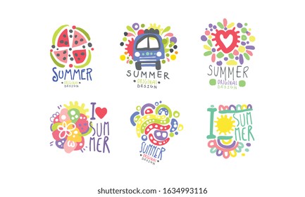Summer Logo Original Design Collection, Bright Colorful Hand Drawn Graphic Templates Vector Illustration