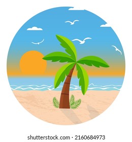 Summer logo with palm on the sandy beach. Summer beach illustration. Vector stock illustration.