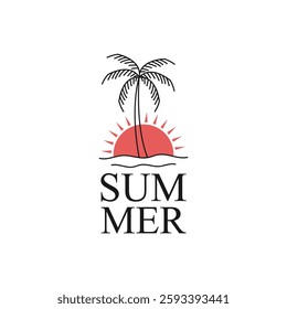 Summer logo with palm and sun line art style vector design