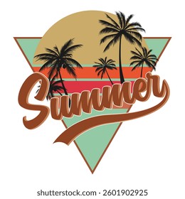 summer logo with palm trees, triangle shape and a sun.