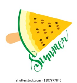 Summer logo or print. The handwritten word is summer. A piece of watermelon. Berry, food, dessert, healthy food