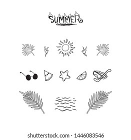 Summer logo set decoration drawing. Trendy beach simple symbols illustration. Popular sea season items and objects. Lovely vector summer icons  and letters text cartoon image. Original vacation motive