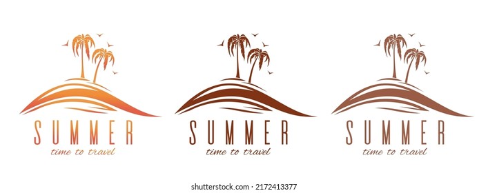 Logo de verano con palmeras y gaviotas. Tiempo de verano para viajar. Ilustración del vector