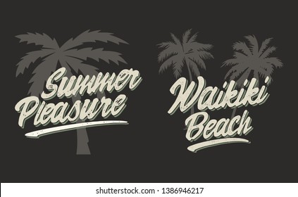 Summer logo set. Vector illustration. Retro serif and script typeface and logo. Summer style. California, Hawaii, Waikiki beach.