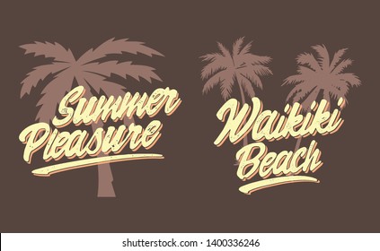 Summer logo set. Vector illustration. Retro serif and script typeface and logo. Summer style. California, Hawaii, Waikiki beach.