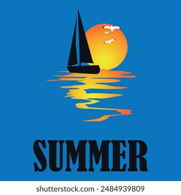 Summer. Logo with a ship in the sea, sun and flying birds in the sky. Isolated vector emblem for summer travel, vacation or free time. Isolated vector on blue background.