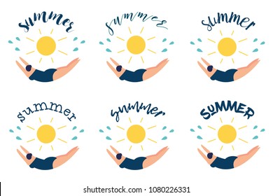 Summer logo stickers. Curvy woman jumping in the water. Vector lettering illustration.