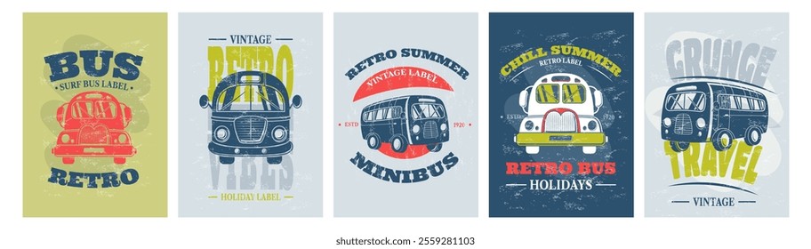 Summer logo. Surfing bus poster. Surfboard and car. Retro travel van. Vintage beach typographic background. Grunge graphic art label. Tropical tourism. Adventure shirt print. Vector garish banners set