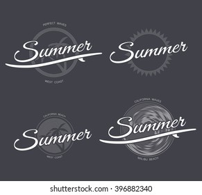 Summer logo or surfing logo with surfboard, palms trees, wave and sun in retro style on dark background, hand drawn brush lettering poster