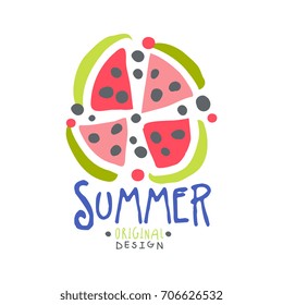 Summer logo template original design, colorful hand drawn vector Illustration with watermelon