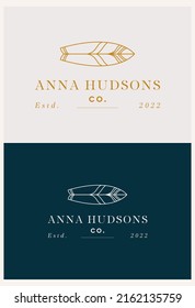 Summer logo template with surfboards in trendy linear style in golden colors - luxury and jewelry concepts for social media, accommodation rental and travel services.