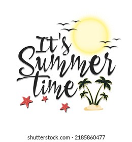 Summer logo. It is summer time. Pattern for design poster, logo, emblem, banner. Vector illustration on isolated background