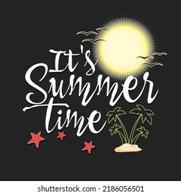 Summer logo. It is summer time. Pattern for design poster, logo, emblem, banner. Vector illustration on isolated background