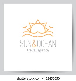 summer logo for travel agency or hotel. Sun, waves and seagulls on white background, single line design