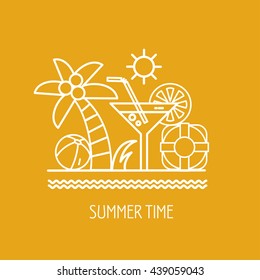 Summer. Logo vector summer rest on the sea. Palma, sea, lifebuoy, shell, cocktail, sun.