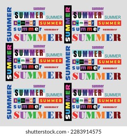 Sommerlogo, Vektorgrafik Word Summer. Farbige Buchstaben einzeln auf grauem Hintergrund für die Verwendung im T-Shirt-Design des Wortes