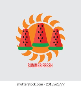 summer logo with watermelon and sun illustration.