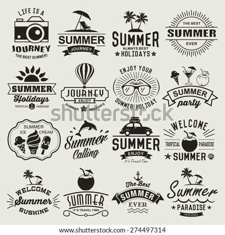 Summer logotypes set. Summer typography designs. Vintage design elements, logos, labels, icons, objects and calligraphic designs. Summer holidays.