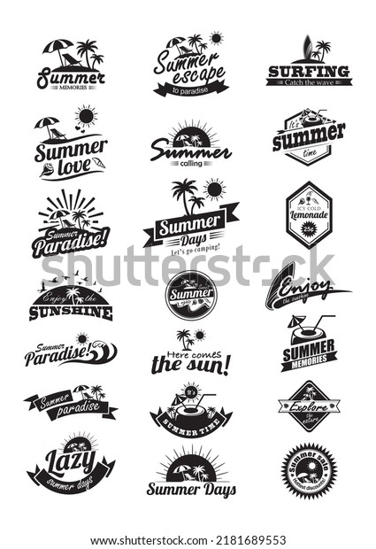 Summer logotypes set. Summer typography\
designs. Vintage design elements, logos, labels, icons, objects and\
calligraphic designs. Summer\
holidays.