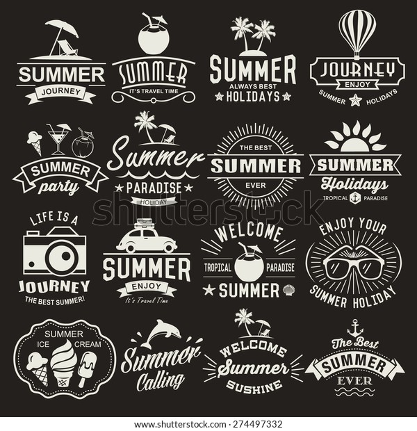 Summer logotypes set. Summer typography\
designs. Vintage design elements, logos, labels, icons, objects and\
calligraphic designs. Summer\
holidays.