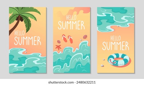 Summer long background set. Ocean waves and palm trees. Tropical vacation. Hello summer lettering. Beach holiday elements and activities. For Social media long post. Vector flat illustration.