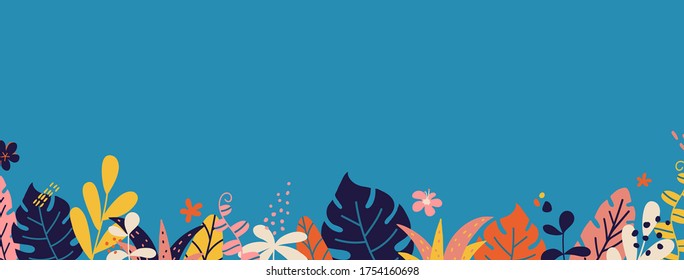 Summer long border with tropical leaves and plants. Cover design. Social media template stories. Summer vacation concept. Color decoration for banner, poster, advertising. Vector illustration.