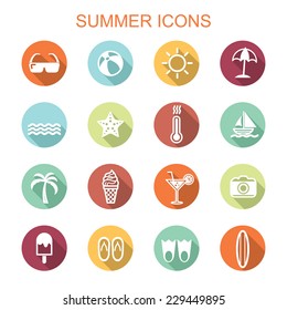 summer long shadow icons, flat vector symbols