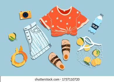 Summer look flatlay. Trendy summer outfit. Hand-drawn  vector illustration. All elements are isolated on a blue background. Denim shorts, teenage crop top, sandals and lemons in a mesh.