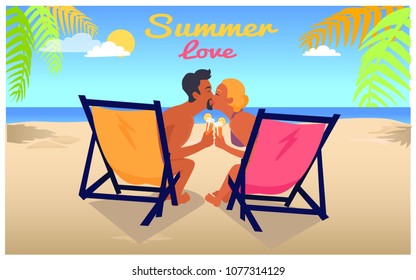 Summer love background with man and woman kissing each other in recliners on sandy beach with blue ocean and exotic palms vector illustration.