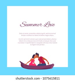 Summer love banner with place for text. Couple in love swims on purple canoe and kisses isolated vector illustration. Happy family on honeymoon