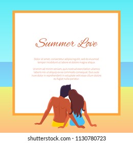 Summer love banner with place for text. Couple in love sits on sandy beach and looks at blue deep ocean vector illustration.